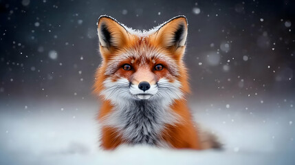Obraz premium A beautiful red fox emerging from the snowy landscape, showcasing its vibrant fur and striking features in a tranquil winter setting.