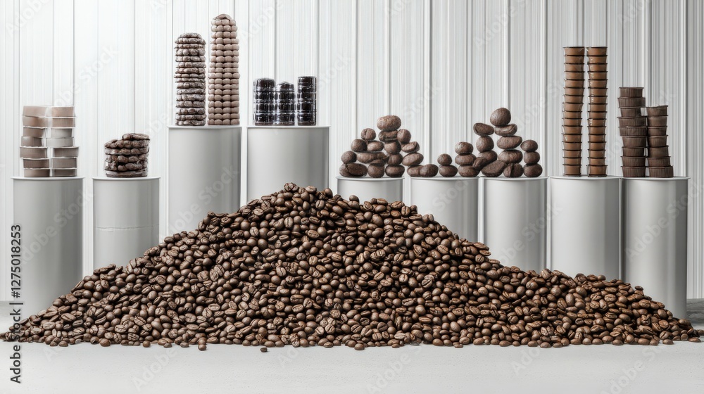Poster a creative arrangement of various chocolate forms displayed on pedestals in a modern setting