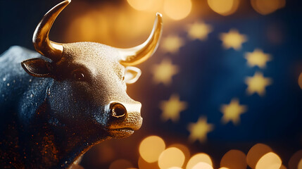 A bull figurine with a blurred European flag background, symbolizing strength in finance and investment markets.