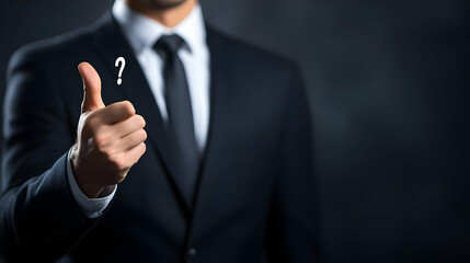 A businessman giving a thumbs-up gesture, symbolizing approval and success in a professional setting with a dark background.