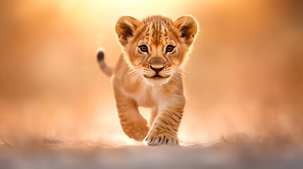 Obraz premium A charming lion cub walking towards the camera with a warm sunset background, capturing the essence of wildlife and innocence.