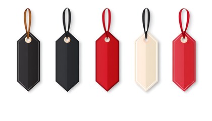 Five gift tags, various colors, white background, design