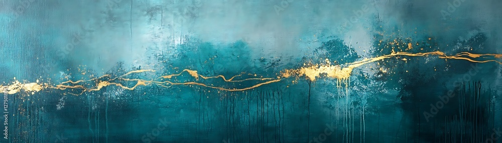 Poster this abstract artwork features a harmonious blend of deep blues and vibrant gold accents, creating a