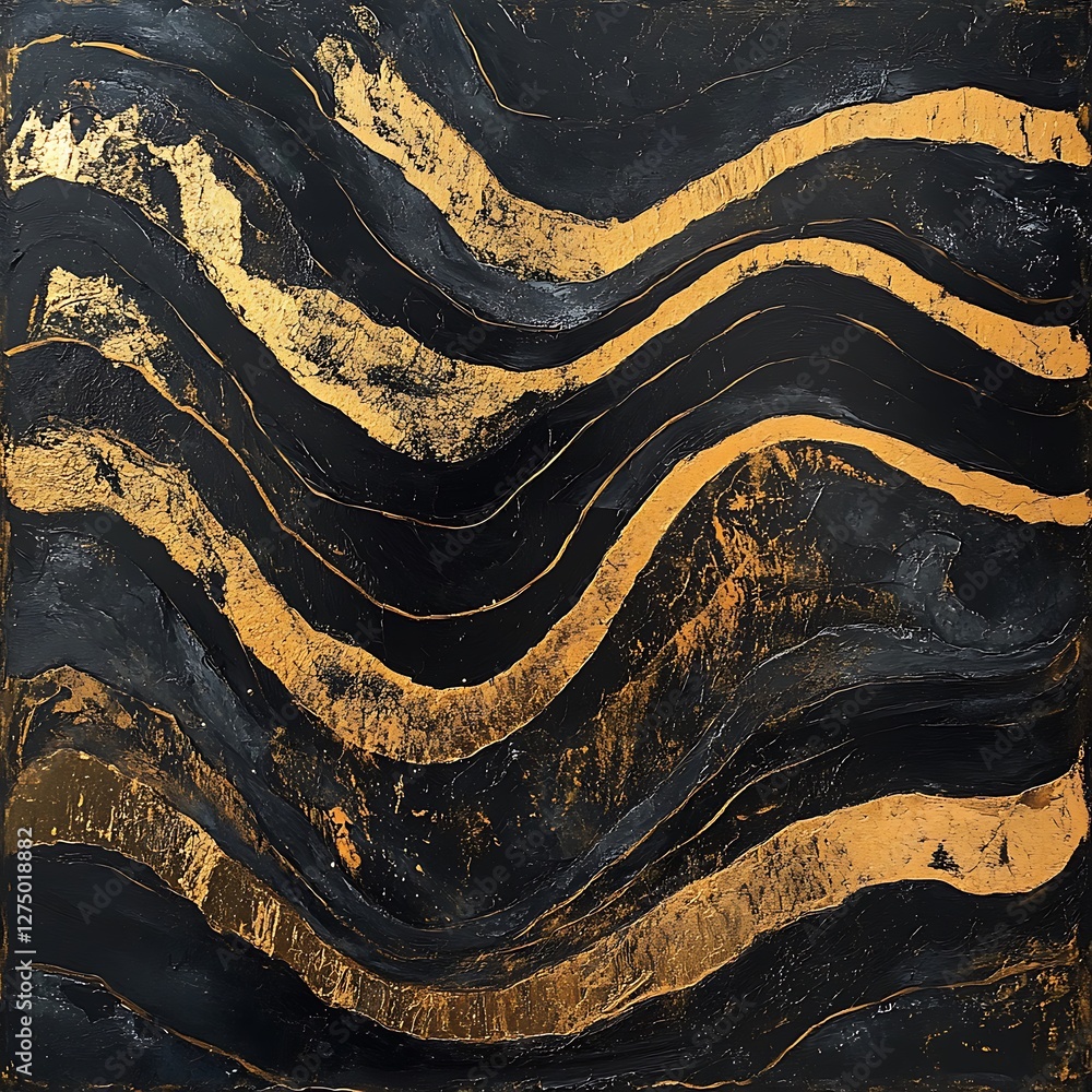 Poster this abstract artwork features dynamic waves of gold and black, creating a striking visual contrast.