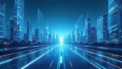 Fototapeta premium Illustration of future tech city architectural scene. Blue city skyline concept with skyscrapers, modern buildings along highway with motion light trails. Urban cityscape panorama at night. Digital