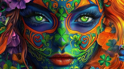 Naklejka premium Vibrant face paint design with intricate patterns and vivid colors, showcasing artistic beauty.