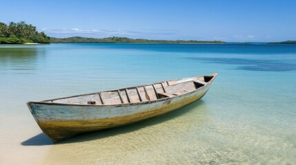 Fototapeta premium Weathered Wooden Boat on Tropical Shore Paradise