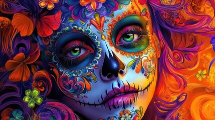 Colorful sugar skull with floral designs and vibrant background, celebrating Day of the Dead.