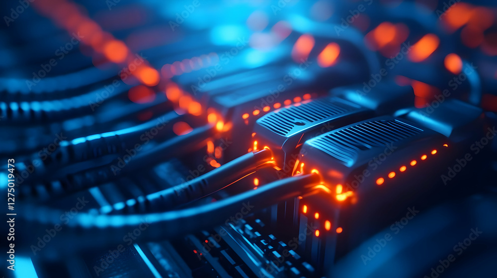Poster a close-up view of networking cables with glowing lights, showcasing the complexity of modern data c