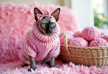 The Sphynx Cat in a knitted fluffy pink sequin sweater and a headband with sequin bow sitting on the pink fur fabric sofa next to the basket with ball of yarn threads