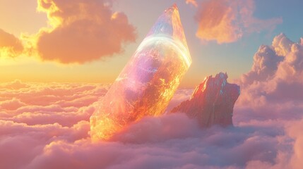 113.A celestial view of a fragmented Earth, its pieces glowing softly against the backdrop of swirling multicolored vapor clouds, hovering over a tranquil sea of clouds.