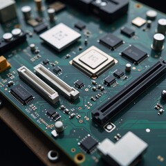 Close-up shot of a high-tech motherboard with intricate circuits and electronic components