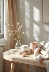 Fototapeta premium Still Life Scene with Minimalist Decor, Flowers, and Gentle Sunlight