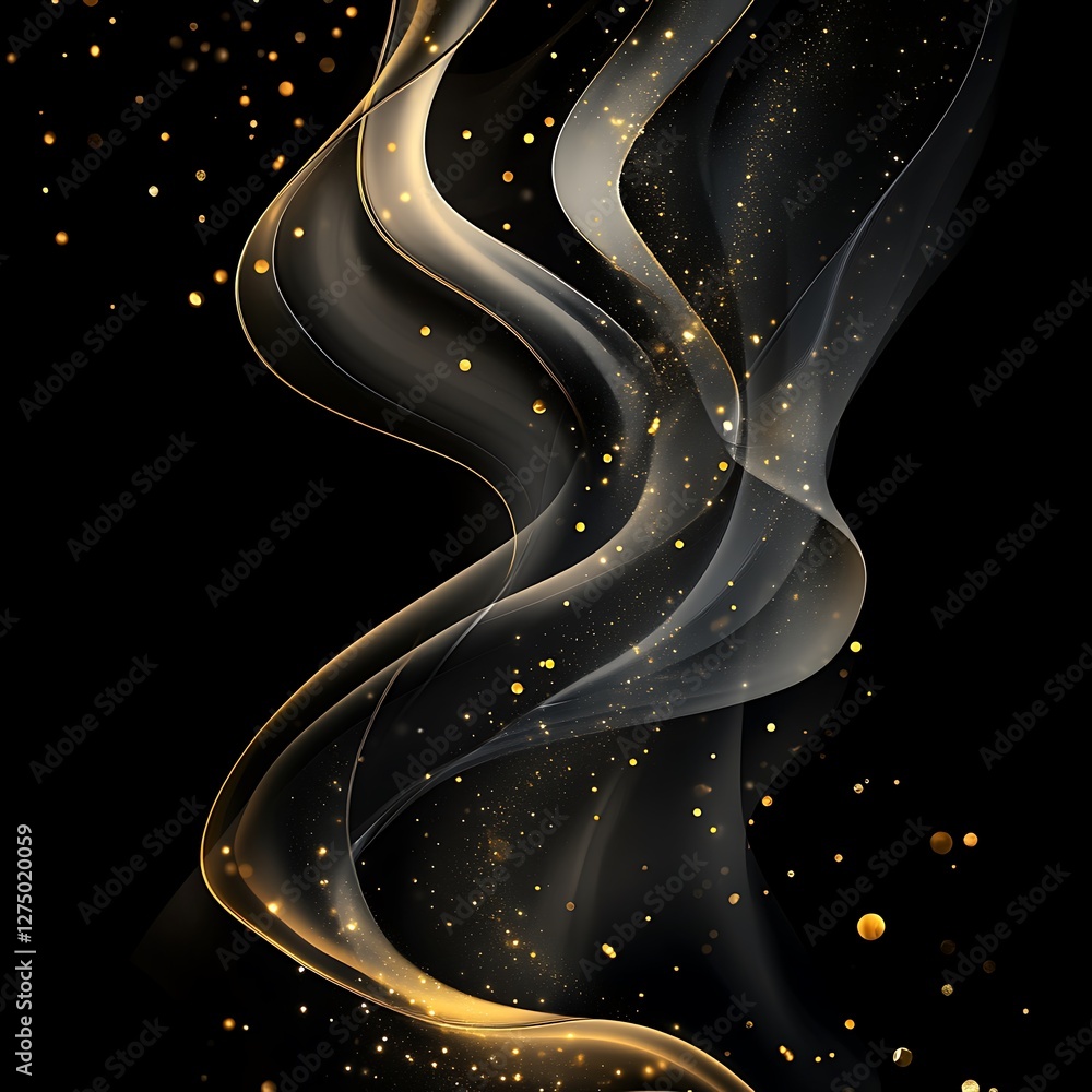Poster this captivating image features elegant swirling lines of smoke with golden particles, creating a se