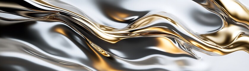 This captivating abstract image features flowing metallic textures, showcasing a stunning interplay of silver and gold tones. Ideal for design, art, and creative projects.