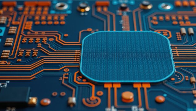 Macro-shot closeup of a blue and orange electronics motherboard circuitry details