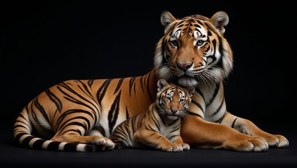Obraz premium Portrait depicts powerful tender bond between mother tiger and cub against dramatic backdrop