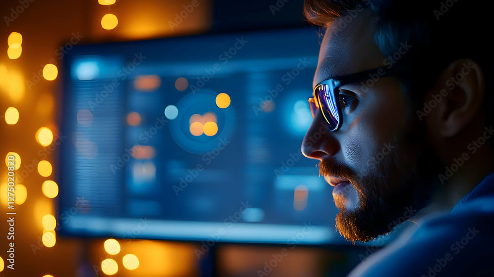 Poster a focused individual working on a computer in a dimly lit environment, showcasing modern technology 