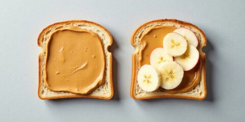 A Pair of Toasted Bread Slices with Creamy Nut Butter and Sliced Apples and Bananas
