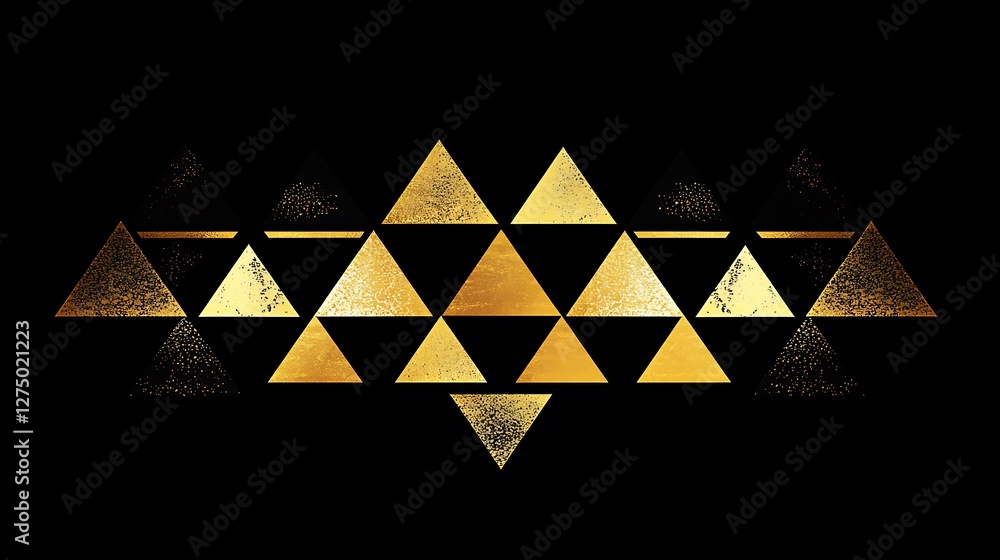 Poster this striking design features a pattern of shimmering golden triangles on a deep black background, c