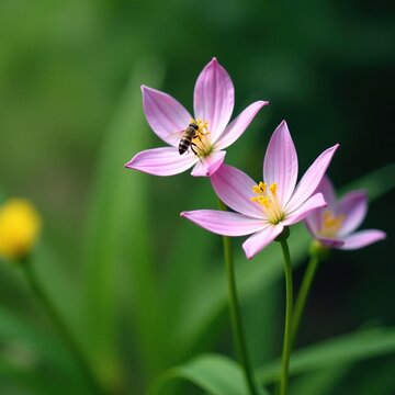 Native Camas flowers with Osmania lignaria collecting nectar, insects, flora