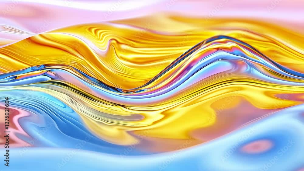 Poster vibrant abstract vdo featuring fluid waves of yellow, blue, and pink colors creating dynamic and ene