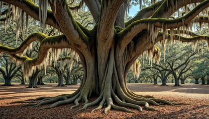Fototapeta premium Moss-covered Tree with Spanish Moss in Forest