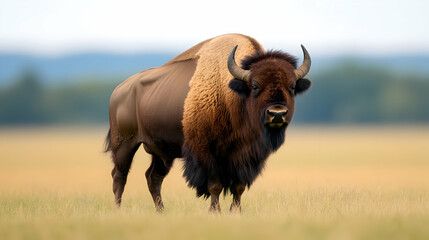 A majestic buffalo standing in a vast open field, showcasing its powerful build and shaggy coat under a clear blue sky.