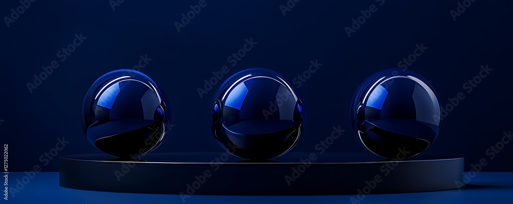 Poster three glossy blue spheres arranged on a dark platform against a deep blue background, creating a mod