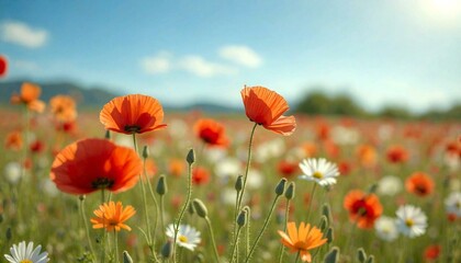 Fototapeta premium Vibrant Red Poppies and White Daisies in Field