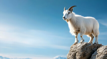 Obraz premium A majestic white goat stands proudly on a rocky ledge under a bright blue sky, showcasing its natural beauty and resilience.