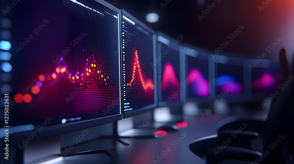 Poster a modern workspace featuring multiple monitors displaying colorful data visualizations and graphs in