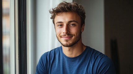 Obraz premium Young man smiling warmly, soft light enhancing his cheerful expression, minimal background.
