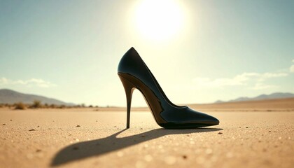 Naklejka premium Black high heel in desert at sunset