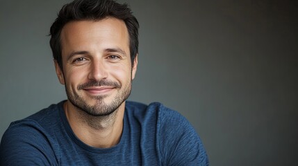 Young man smiling warmly, soft light enhancing his cheerful expression, minimal background.
