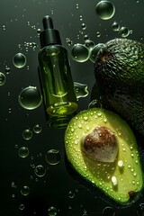 Futuristic Avocado Oil Skincare Serum Bottle on Sleek Black Background