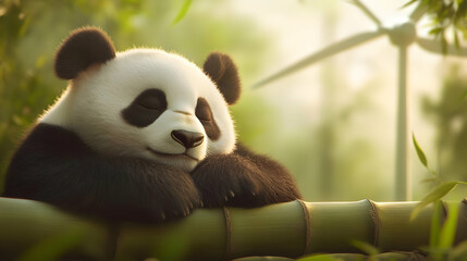 A relaxed panda rests on a bamboo branch, surrounded by lush greenery and a gentle breeze, embodying the essence of tranquility.