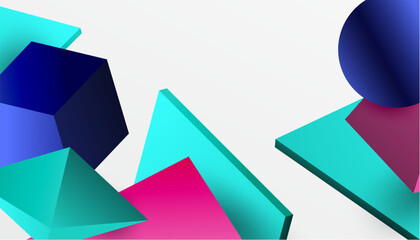 Fototapeta premium Abstract design showcasing isometric cubes, pyramids, squares, and spheres in a vibrant 3D layout. Modern and dynamic, perfect for tech, design, or futuristic themes