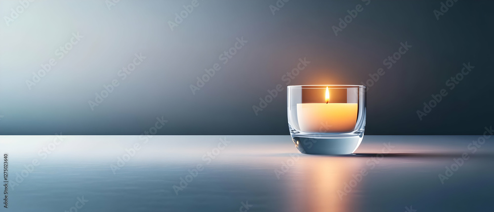 Poster a serene candle glowing softly in a minimalist setting, perfect for creating a calming atmosphere in