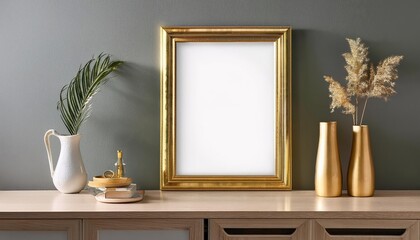 Elegant Gold Frame Against a Minimalist Cabinet Backdrop, adding Timeless Luxury and Charm to Modern Interiors