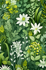 Naklejka premium Digital nature hand draw art green herbs and flowers graphic poster background