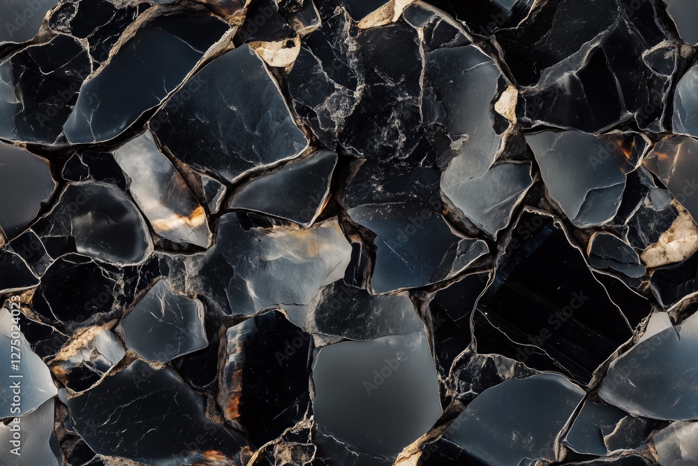Poster seamless obsidian fragmented black and gray stones, showcasing their glossy surfaces and sharp edges