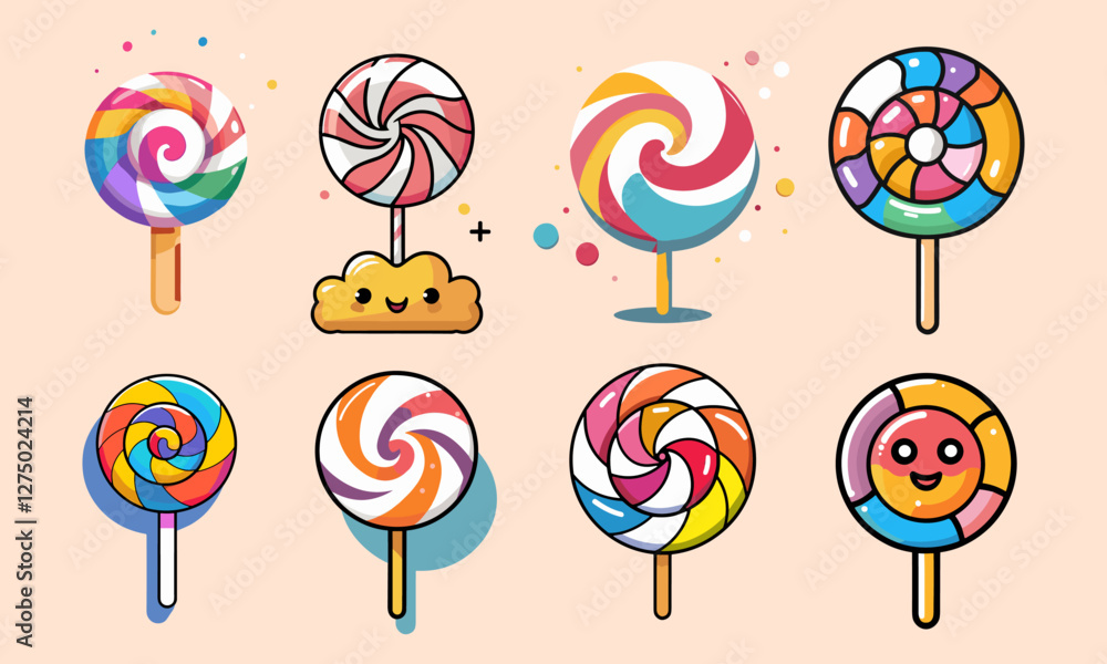 Poster icons sets collection of colorful lollipops and a cute cloud character with a face, each with unique