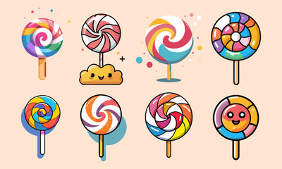 Icons sets collection of colorful lollipops and a cute cloud character with a face, each with unique designs and vibrant colors, set against a light peach background, creating a playful and whimsical 