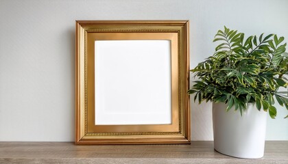 Elegant Gold Frame Displaying Vibrant Artwork Against a White Backdrop, Enhanced by the Presence of a Green Houseplant, Creating a Sophisticated yet Organic Aesthetic