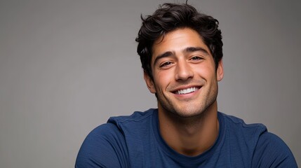 Young man smiling warmly, soft light enhancing his cheerful expression, minimal background.