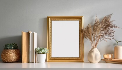 Elegant Gold Frame Mockup Over Desk With Home Decor Luxurious Charm and Warmth in a Modern Office Setting