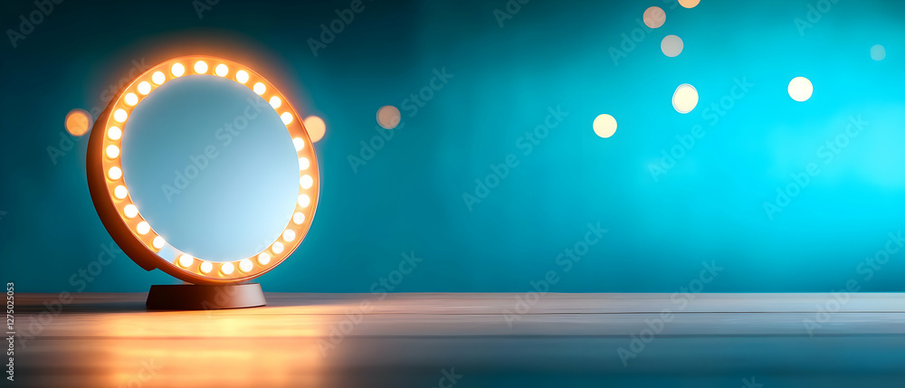 Poster a stylish round mirror illuminated by soft lights against a blue background, creating an inviting at