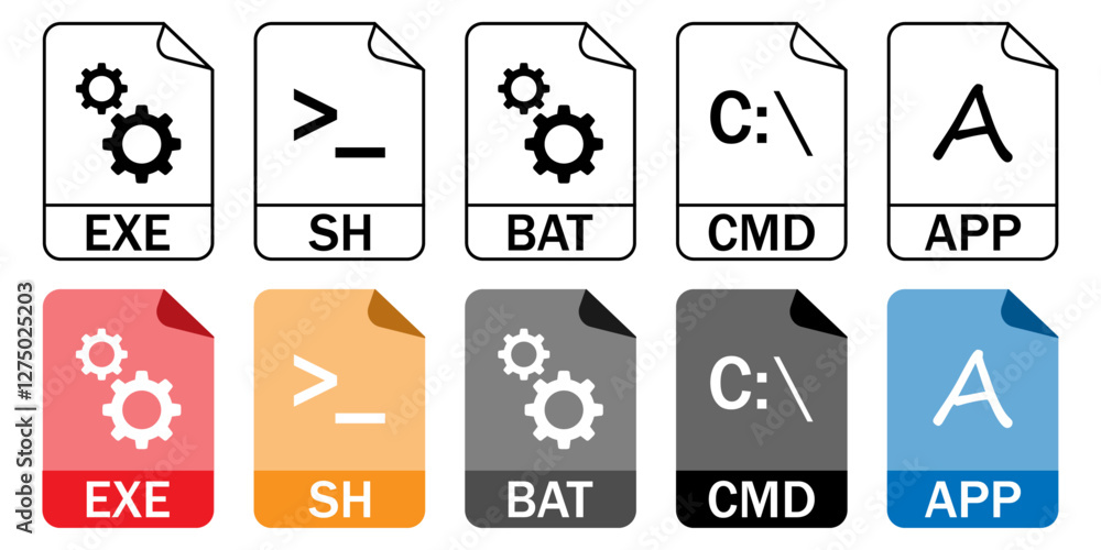 Fototapete collection of executable and shell script file format icons (exe, sh, bat, cmd, app) in outline and 