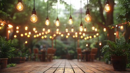 Enchanting outdoor dining area with string lights at dusk